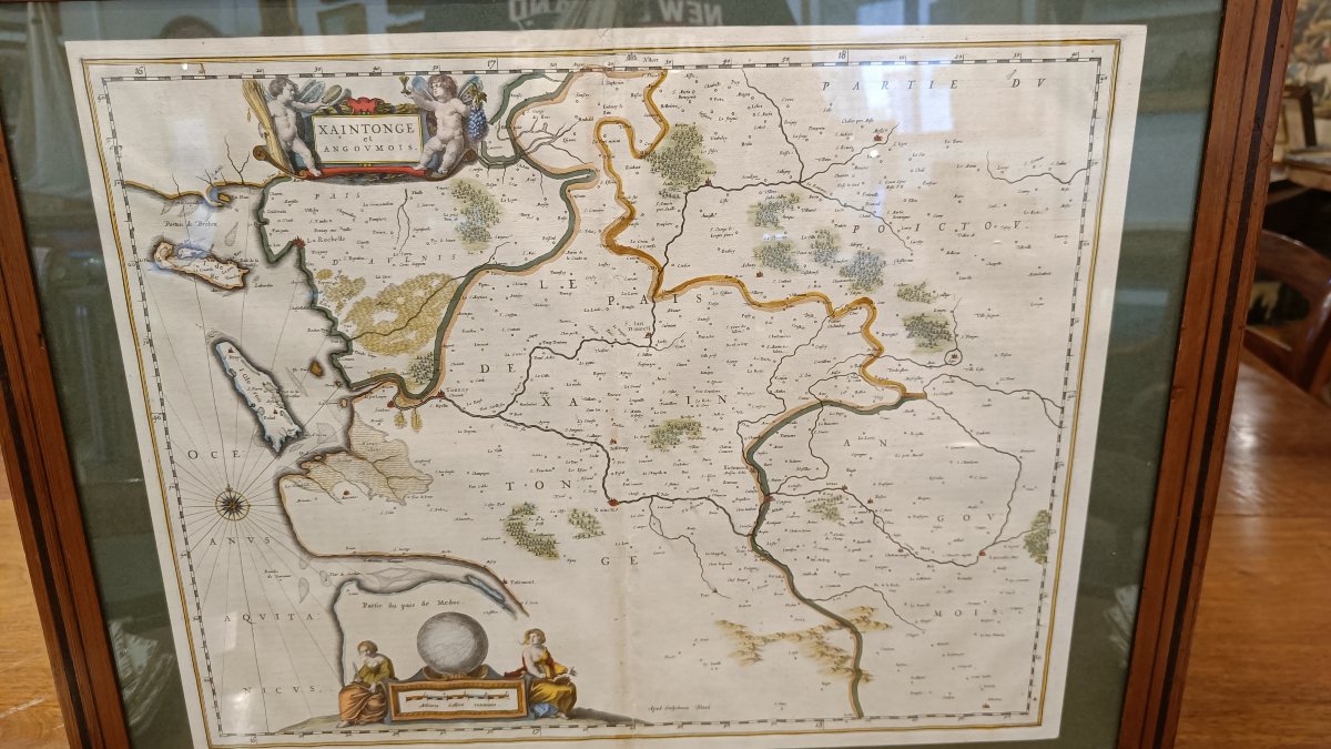 A 17th-century Watercolor Map Of The Saintonge And Angoumois Regions By Willem Blaeu, Framed, Circa 1644-photo-2