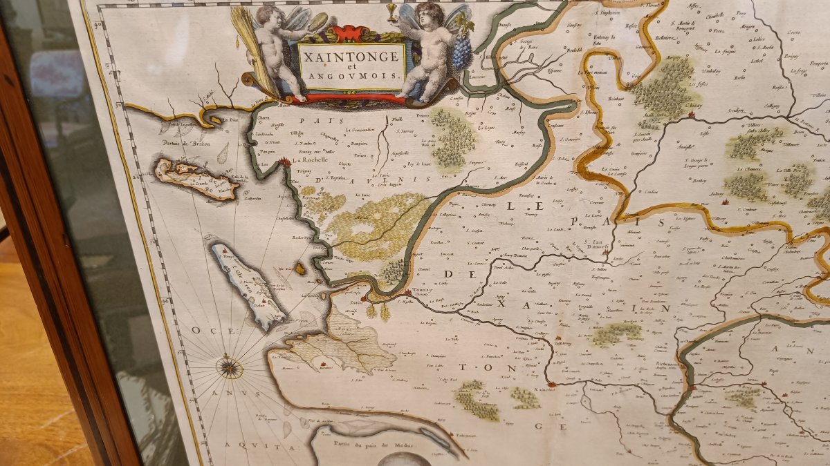 A 17th-century Watercolor Map Of The Saintonge And Angoumois Regions By Willem Blaeu, Framed, Circa 1644-photo-3