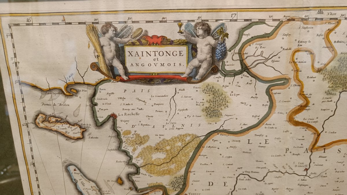 A 17th-century Watercolor Map Of The Saintonge And Angoumois Regions By Willem Blaeu, Framed, Circa 1644-photo-1