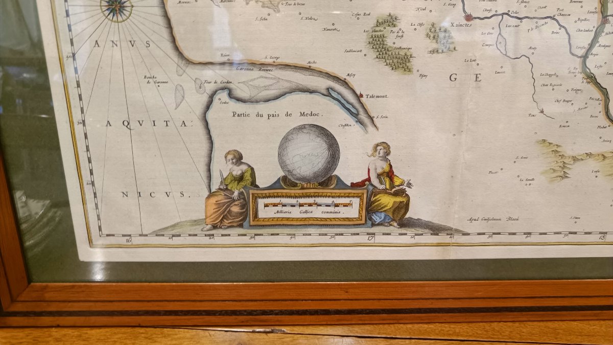 A 17th-century Watercolor Map Of The Saintonge And Angoumois Regions By Willem Blaeu, Framed, Circa 1644-photo-2