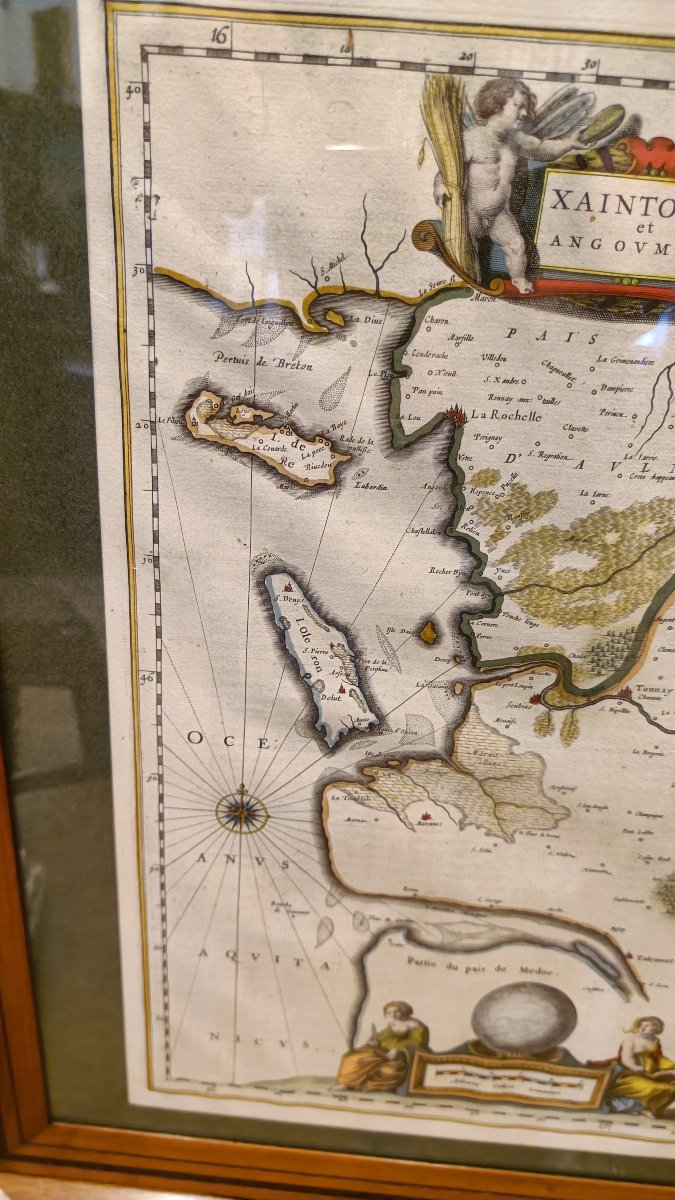 A 17th-century Watercolor Map Of The Saintonge And Angoumois Regions By Willem Blaeu, Framed, Circa 1644-photo-4