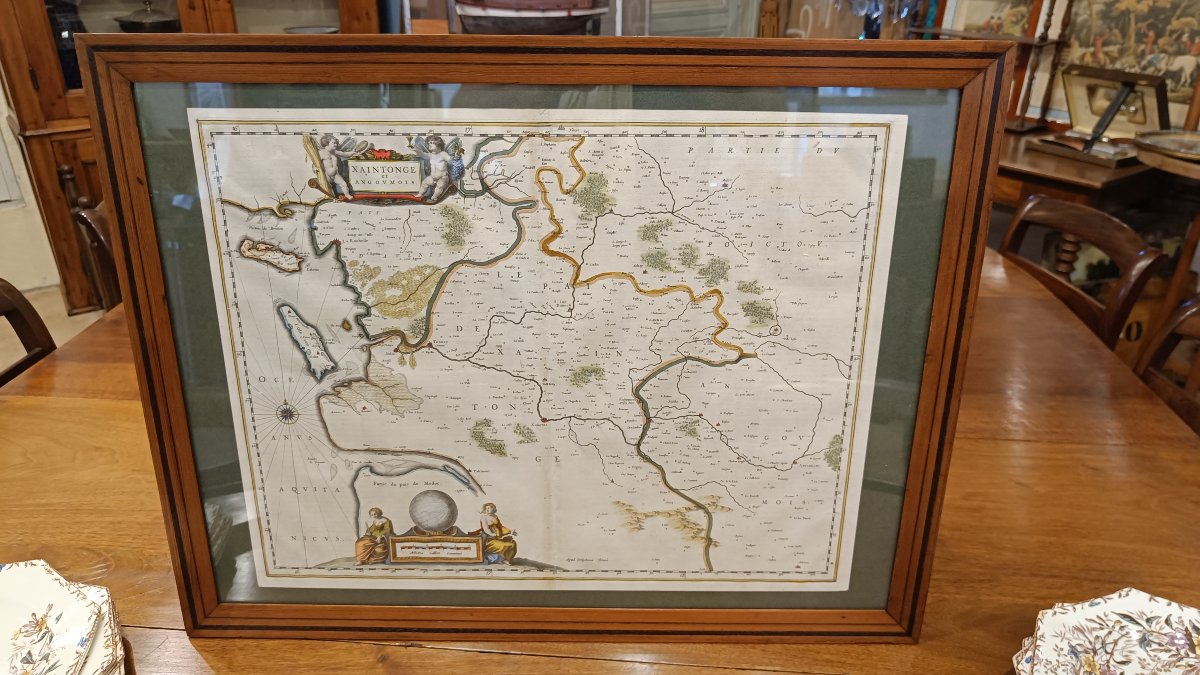 A 17th-century Watercolor Map Of The Saintonge And Angoumois Regions By Willem Blaeu, Framed, Circa 1644