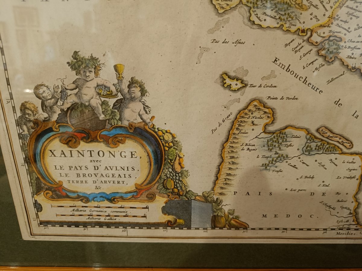 Carte aquarellée 17ème et encadrée de la Saintonge avec le Pays d'Aulnis par J.BLAEU vers 1651-photo-4