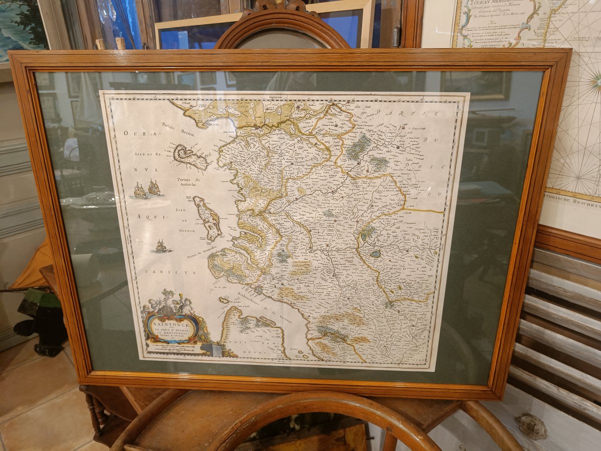 Carte aquarellée 17ème et encadrée de la Saintonge avec le Pays d'Aulnis par J.BLAEU vers 1651