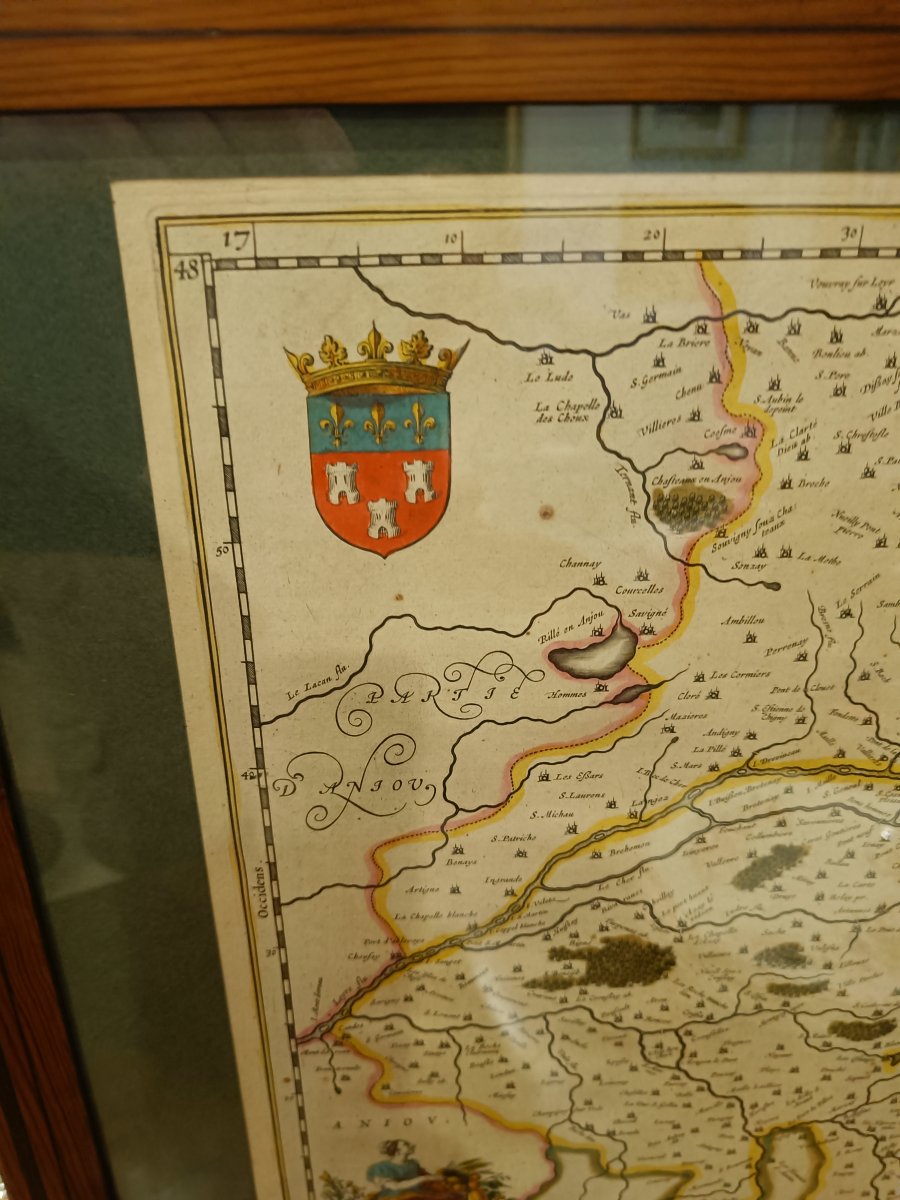 Carte aquarellée 17ème et encadrée de la Touraine par Blaeu-photo-3
