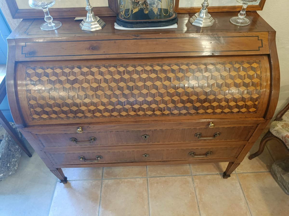 Bureau à Cylindre Directoire fin 18ème, début 19ème en Merisier et marqueterie-photo-2