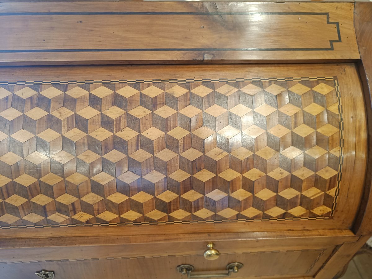 Bureau à Cylindre Directoire fin 18ème, début 19ème en Merisier et marqueterie-photo-3