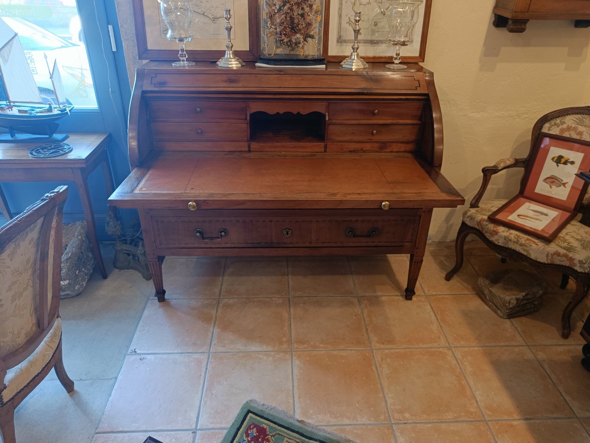 Bureau à Cylindre Directoire fin 18ème, début 19ème en Merisier et marqueterie-photo-1