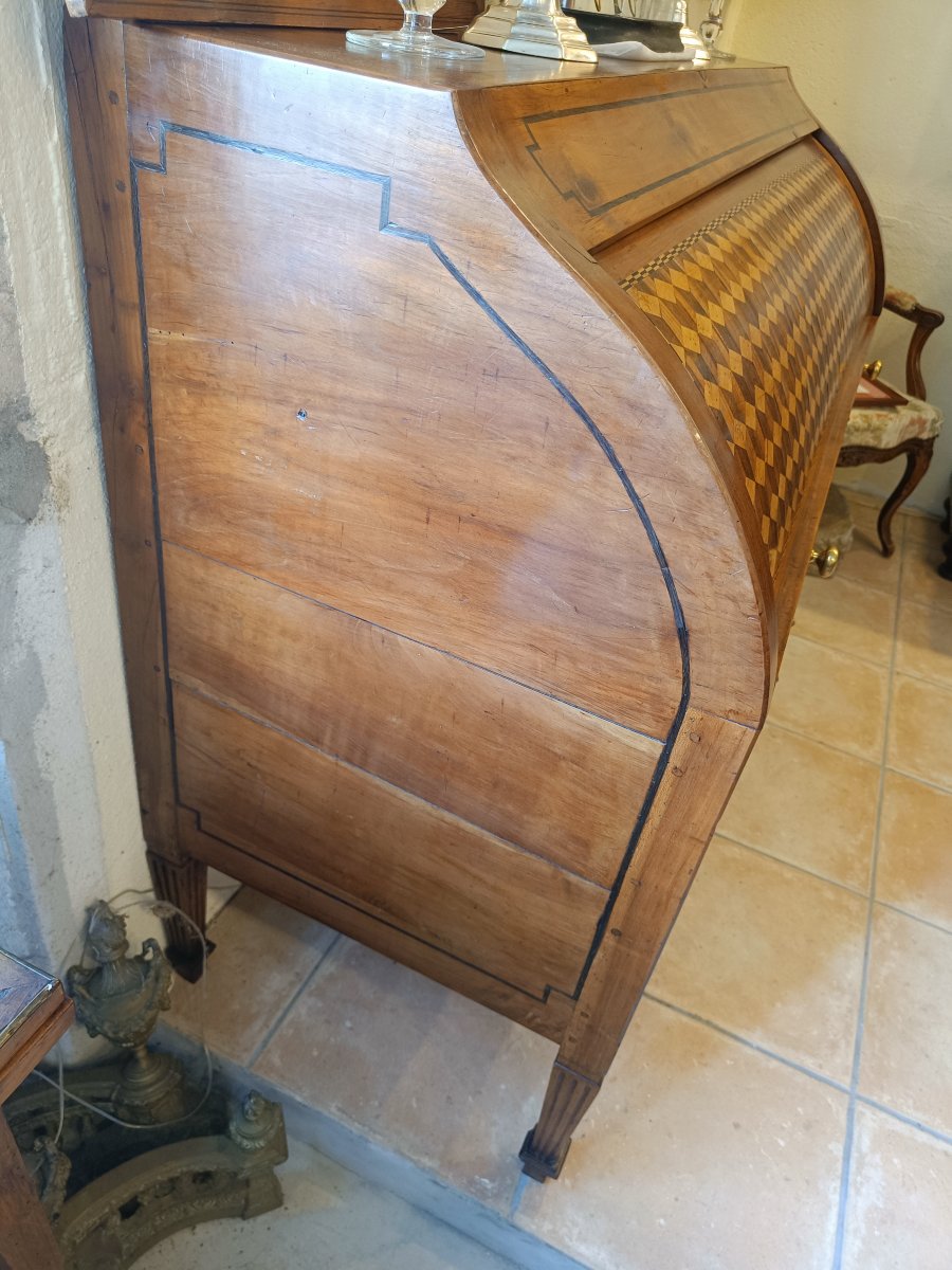 Bureau à Cylindre Directoire fin 18ème, début 19ème en Merisier et marqueterie-photo-5