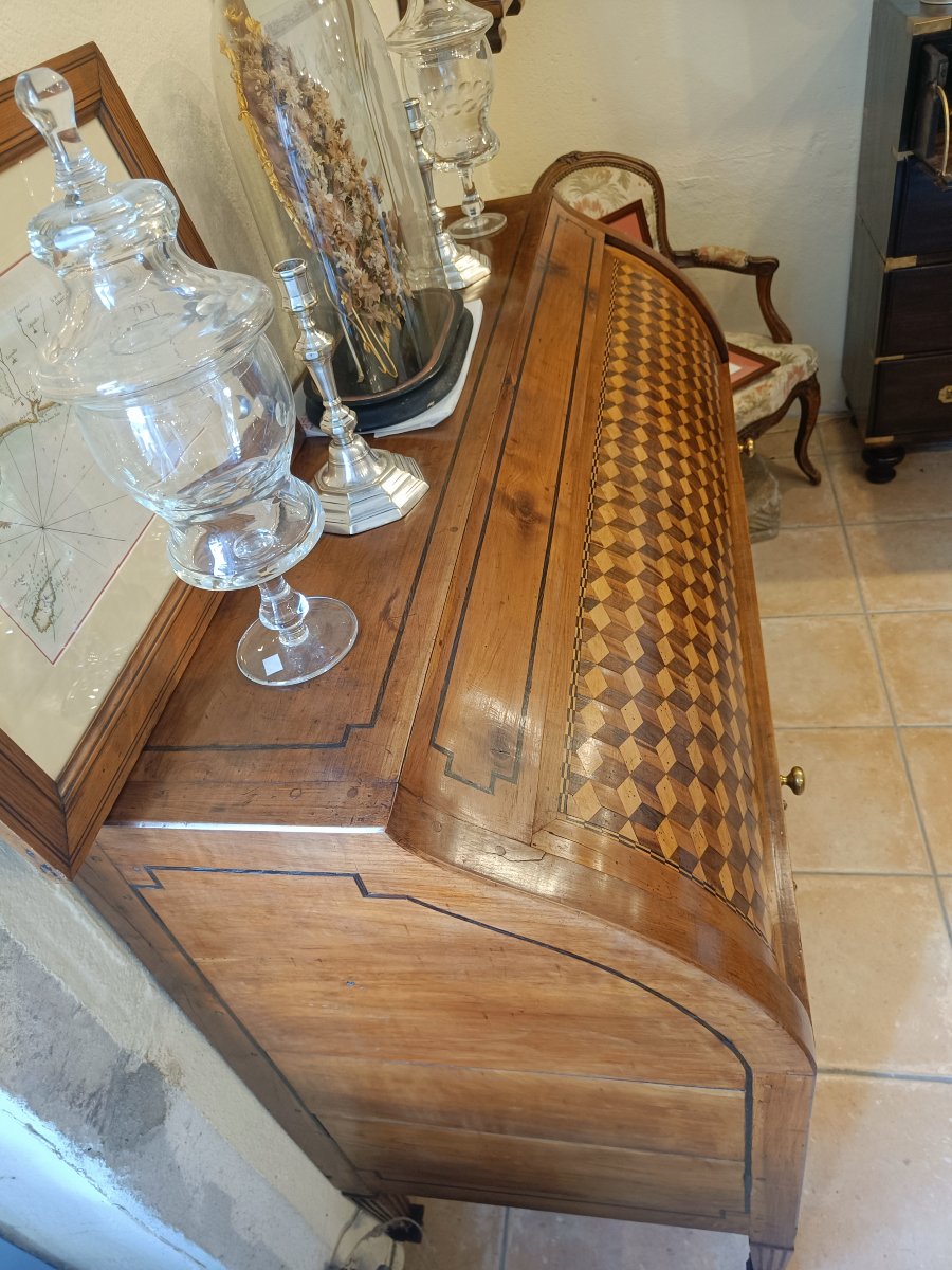 Bureau à Cylindre Directoire fin 18ème, début 19ème en Merisier et marqueterie-photo-6