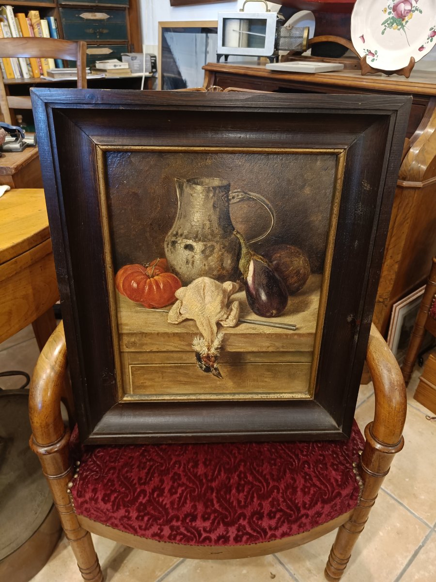 19th-century Oil On Cardboard, Still Life