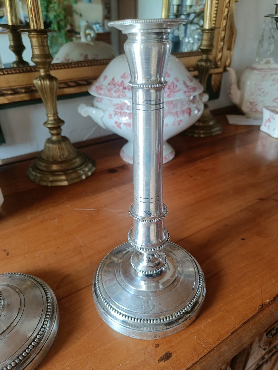 Pair Of French Navy Candleholders, Made Of Silver-plated Metal By Christofle-photo-3
