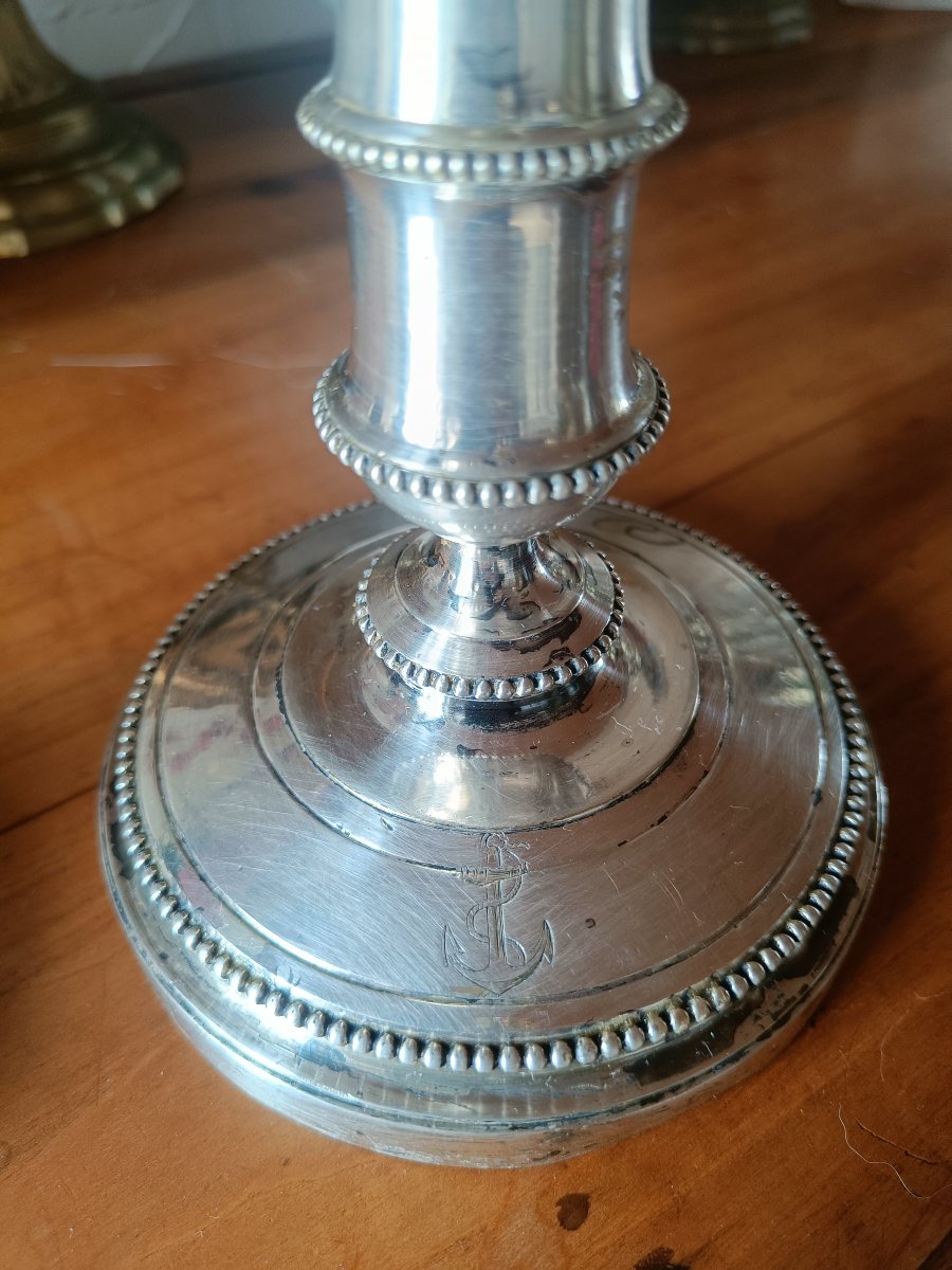 Pair Of French Navy Candleholders, Made Of Silver-plated Metal By Christofle-photo-4