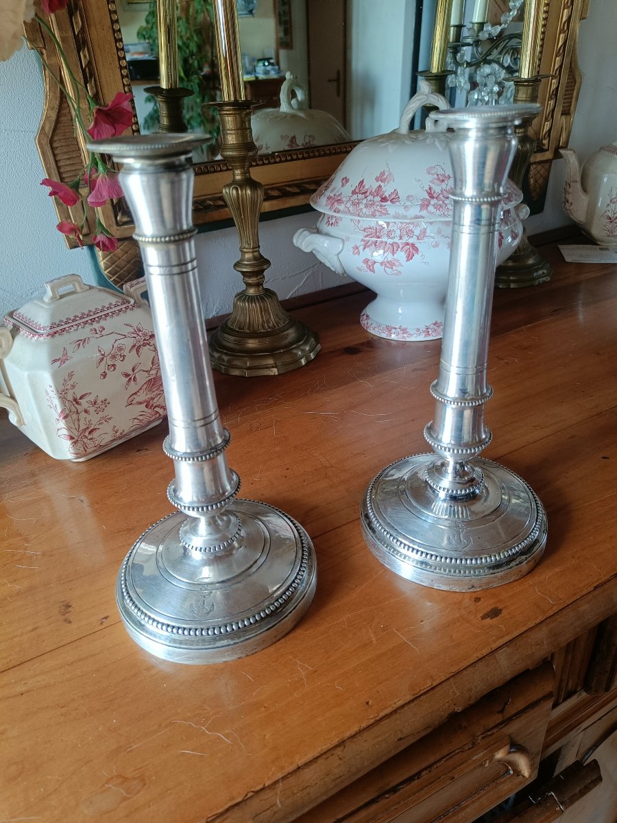 Pair Of French Navy Candleholders, Made Of Silver-plated Metal By Christofle