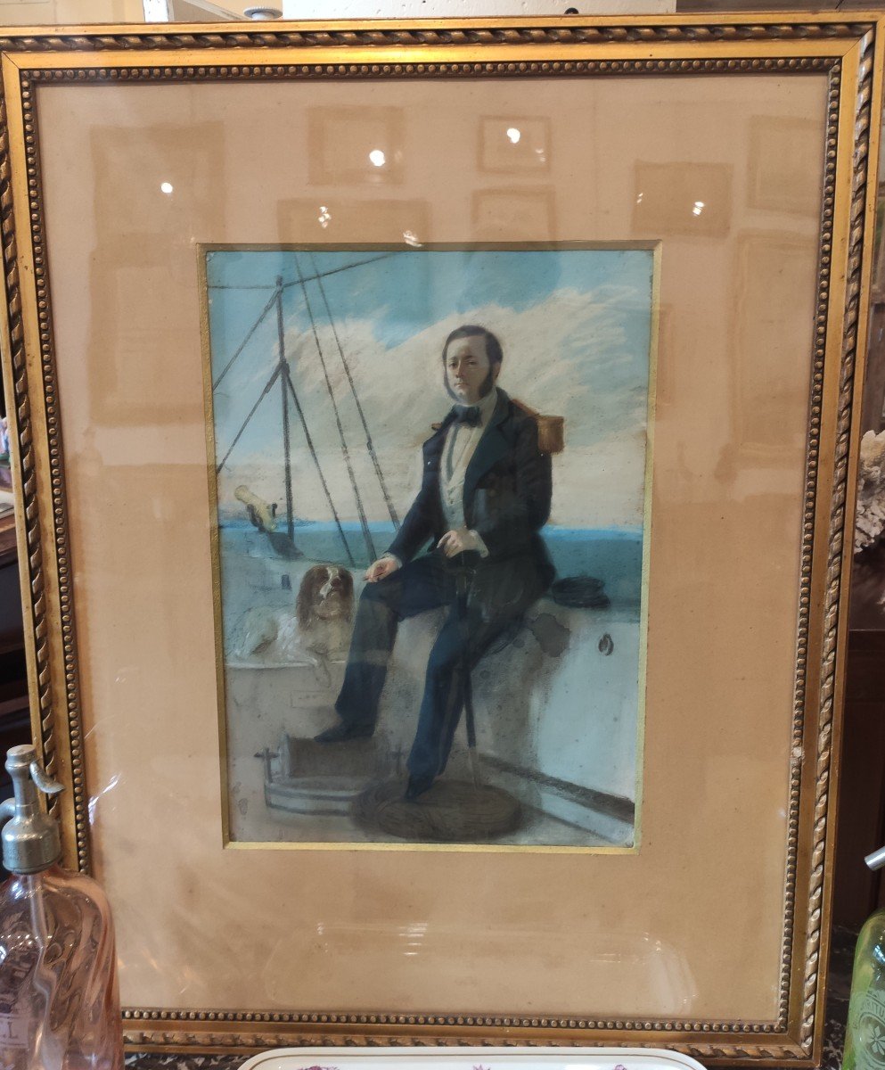 Pastel, Officier De Marine En Uniforme Avec Son Chien signé Lauret Emmanuel-photo-2
