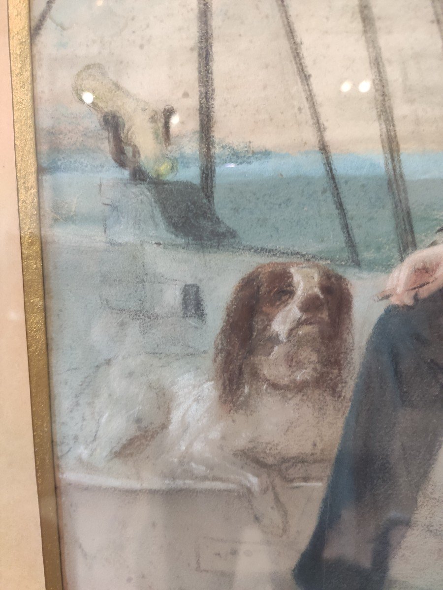 Pastel, Officier De Marine En Uniforme Avec Son Chien signé Lauret Emmanuel-photo-4