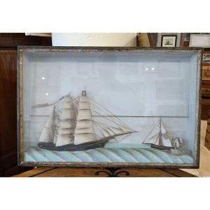 Large Marine Diorama, 3 Masts And Pilot Boat