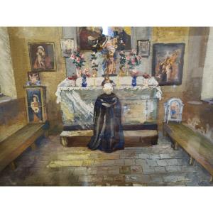 Large Pastel, Religious Chapel Scene By S.leconte, 1925