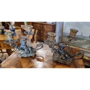 Pair Of 19th Century Candlesticks, Undressed Woman In Bronze And Brass