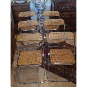 Series Of 6 “plia” Folding Chairs, Canes By Piretti