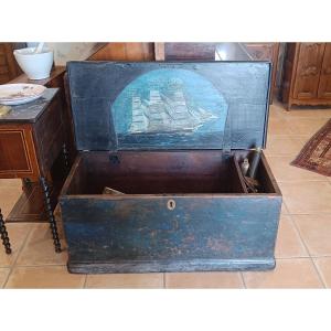 Coffre de marin 19ème avec matelotage et peinture de bateau