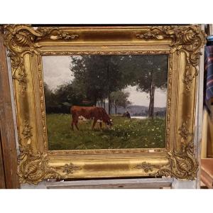 Huile sur Toile "scène rurale avec vache"