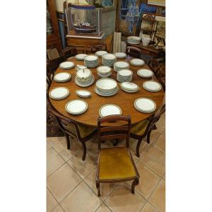 Grande table ronde Diretoire en noyer 6 pieds, 4 allonges pour 18-20 personnes