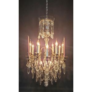 French Chandelier With 12 Light Points, In Silver Bronze.