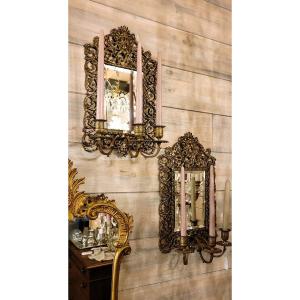 Set Of Bronze Wall Sconces With Mirror.