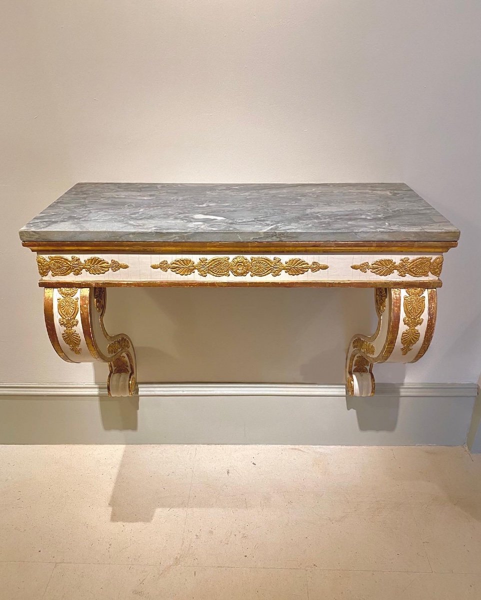 Console Empire Italienne, Bois Doré Et Plateau En Marbre. 19ème Siècle.-photo-2