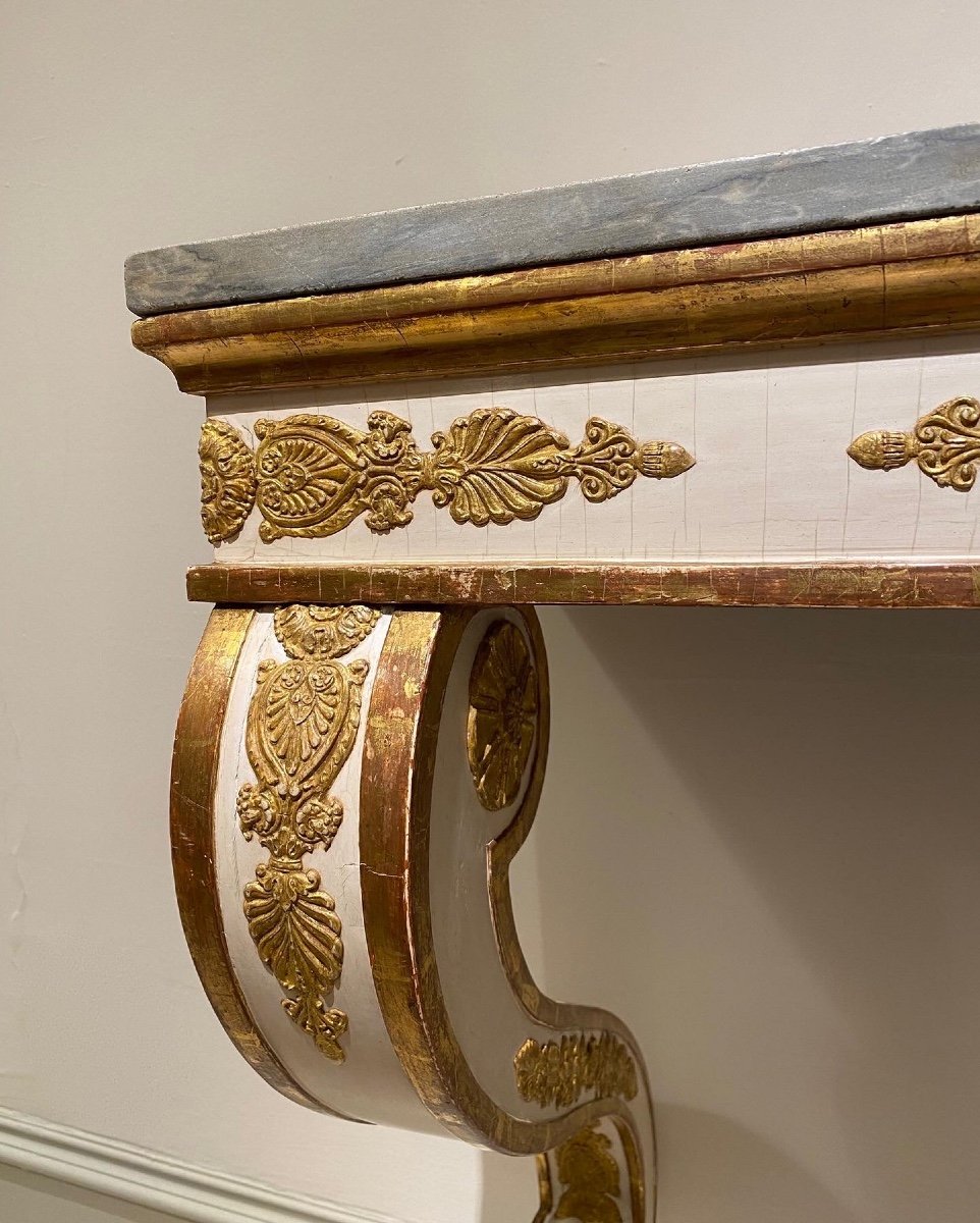 Console Empire Italienne, Bois Doré Et Plateau En Marbre. 19ème Siècle.-photo-4