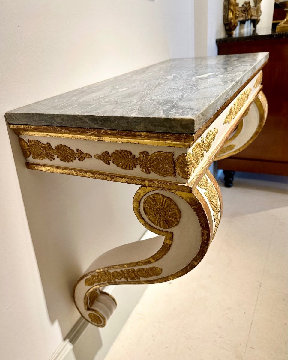 Console Empire Italienne, Bois Doré Et Plateau En Marbre. 19ème Siècle.-photo-2