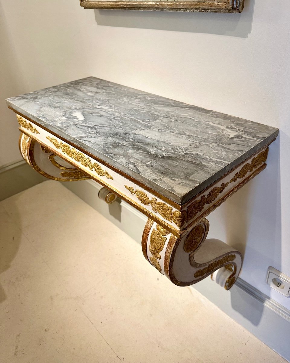 Console Empire Italienne, Bois Doré Et Plateau En Marbre. 19ème Siècle.-photo-3