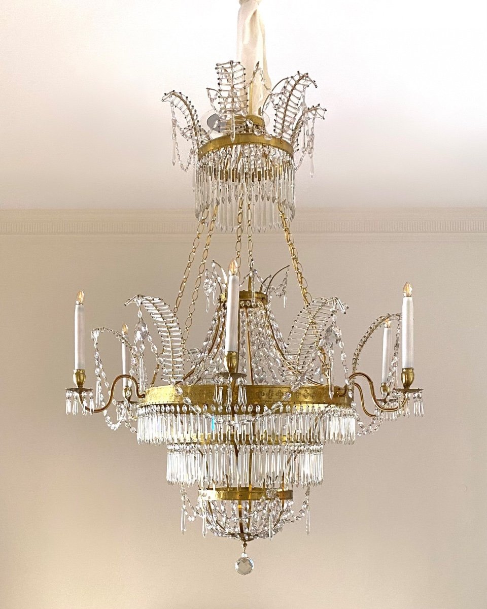 Large Austrian Neoclassical Chandelier In Cut Glass.