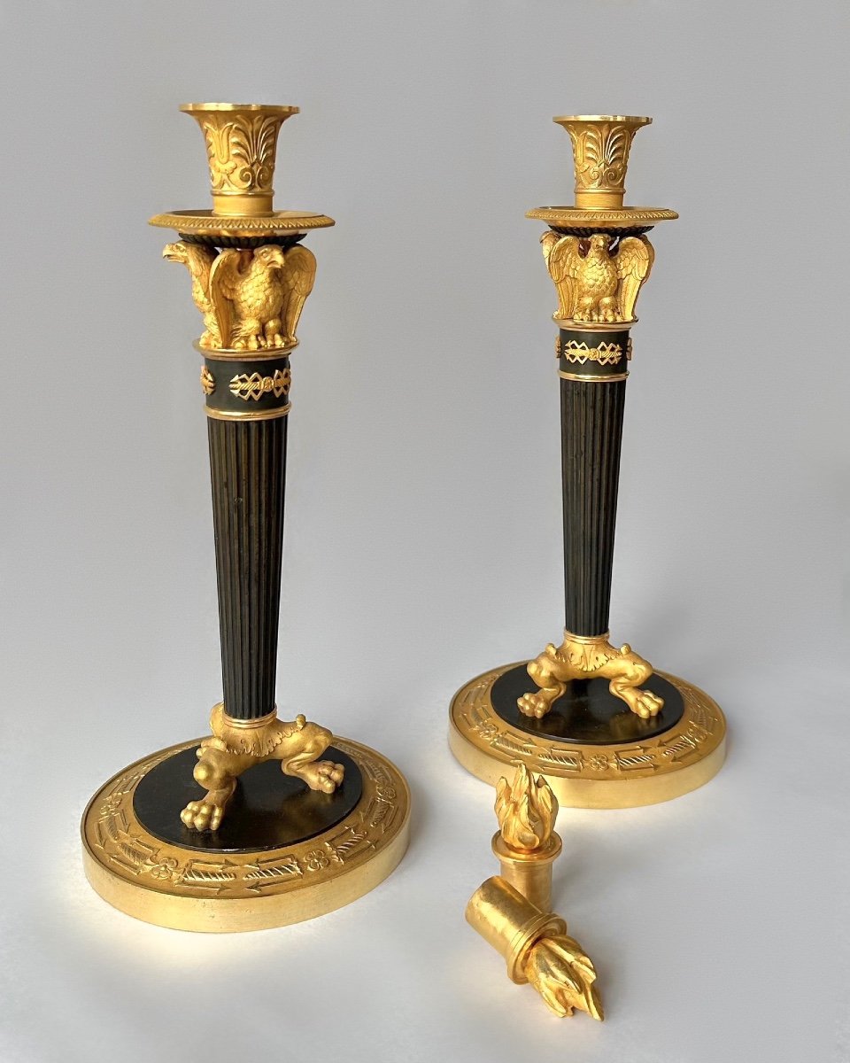 Large Pair Of Empire Candlesticks In Gilt And Patinated Bronze, Attributed To Claude Galle.-photo-2