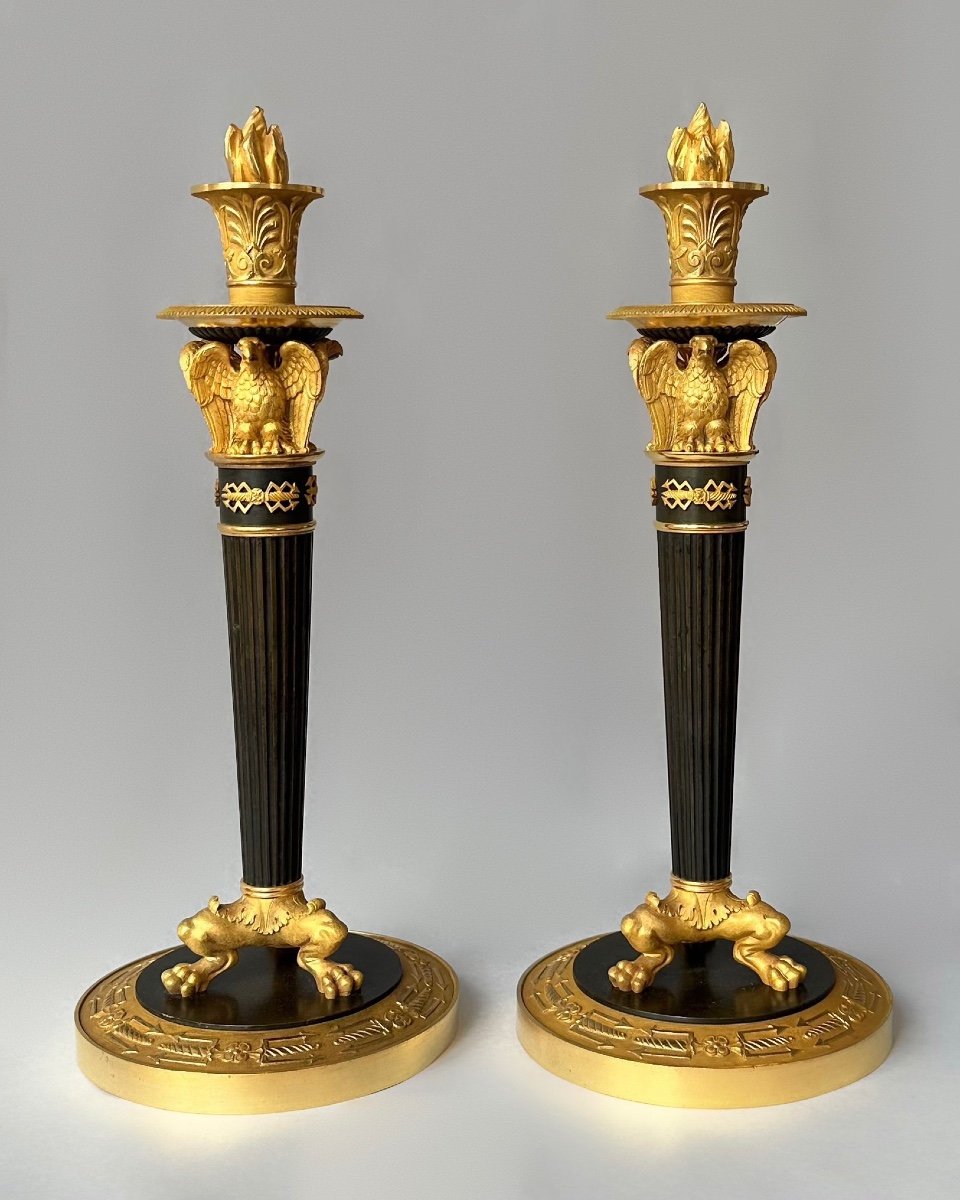 Large Pair Of Empire Candlesticks In Gilt And Patinated Bronze, Attributed To Claude Galle.