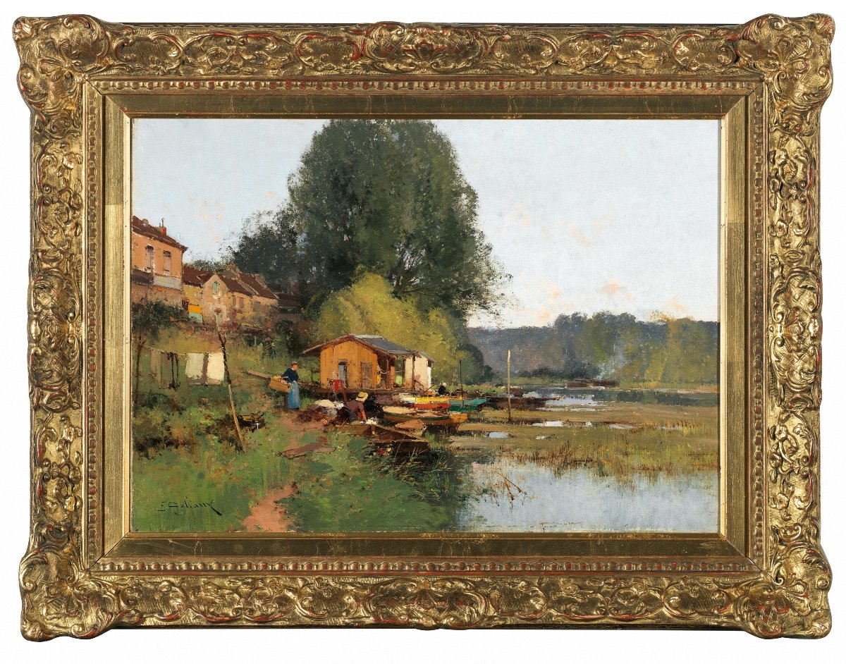 Eugène Galien-laloue *paris 1854–1941, Signé : E. Galiany "lavandière Au Bord De La Rivière"