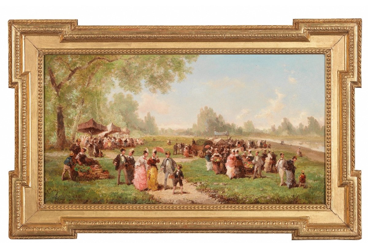 A. Pignoux, France Vers 1880   Jour De Marché Au Bord De La Rivière, Signé, Daté A. Pignoux 