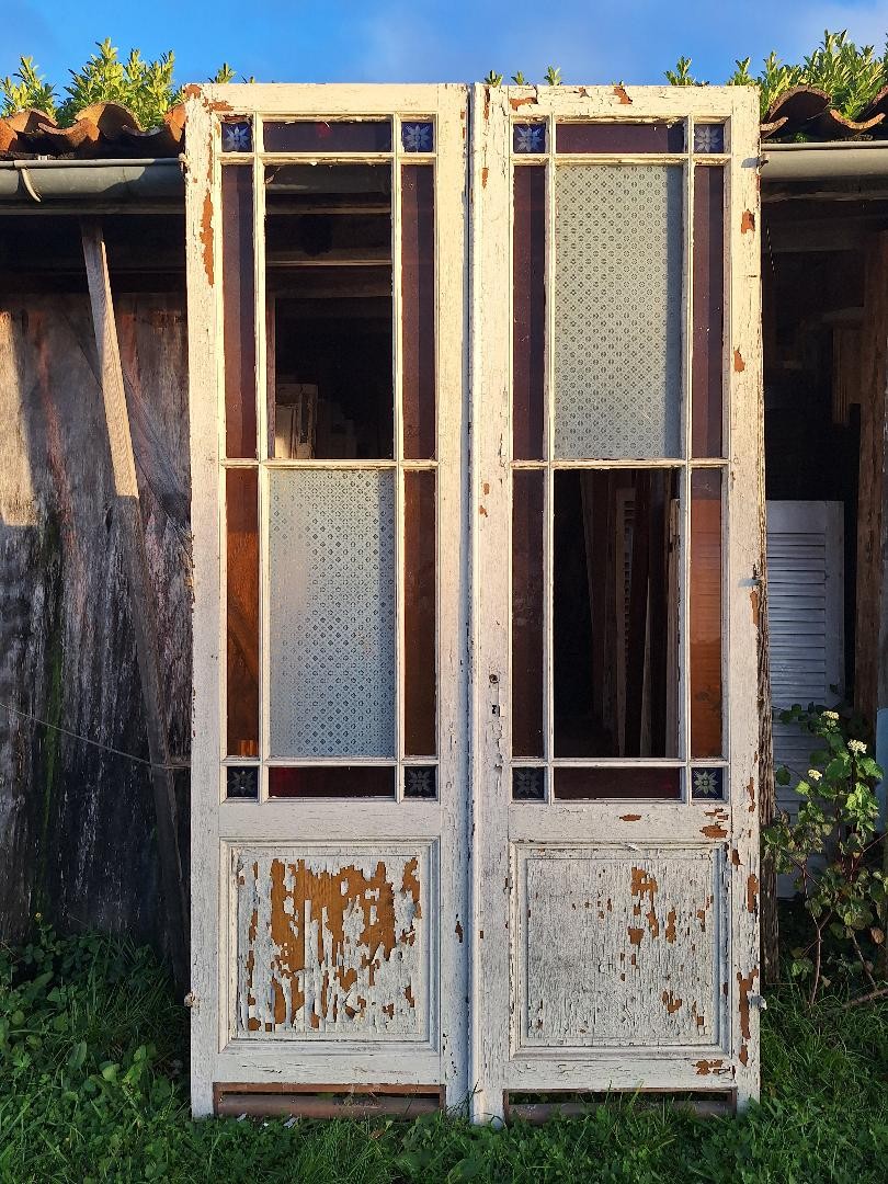 Pair Of Art Deco Style Colored Glass Panel Doors, Room Divider, Winter Garden Woodwork
