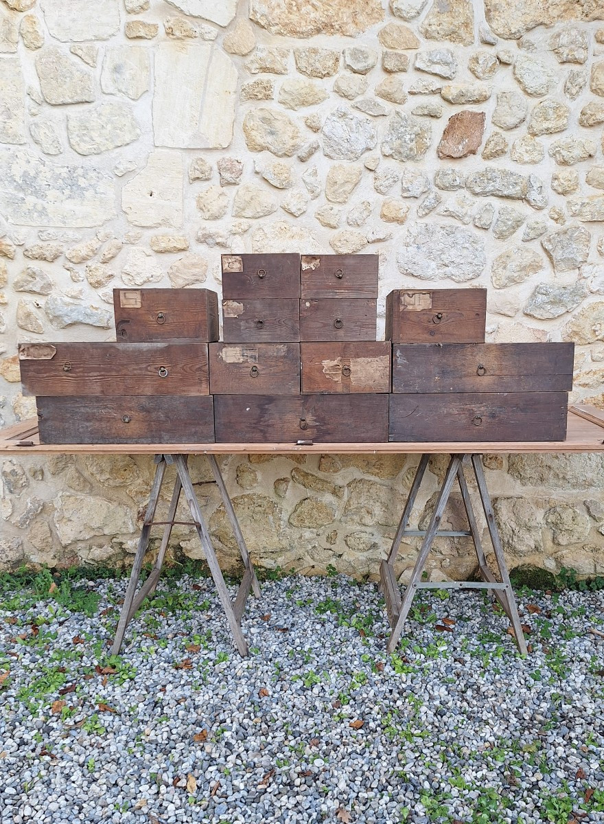 Lot Of Antique Drawers, Trade Furniture, Pharmacy Counter, Hospital, Dispensary, Military Decor