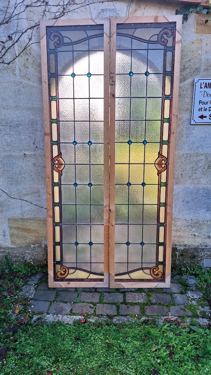 Pair Of Art Deco Stained Glass Windows For A Veranda, Winter Garden, Boutique Hotel, Room Divider, Or Wood Paneling