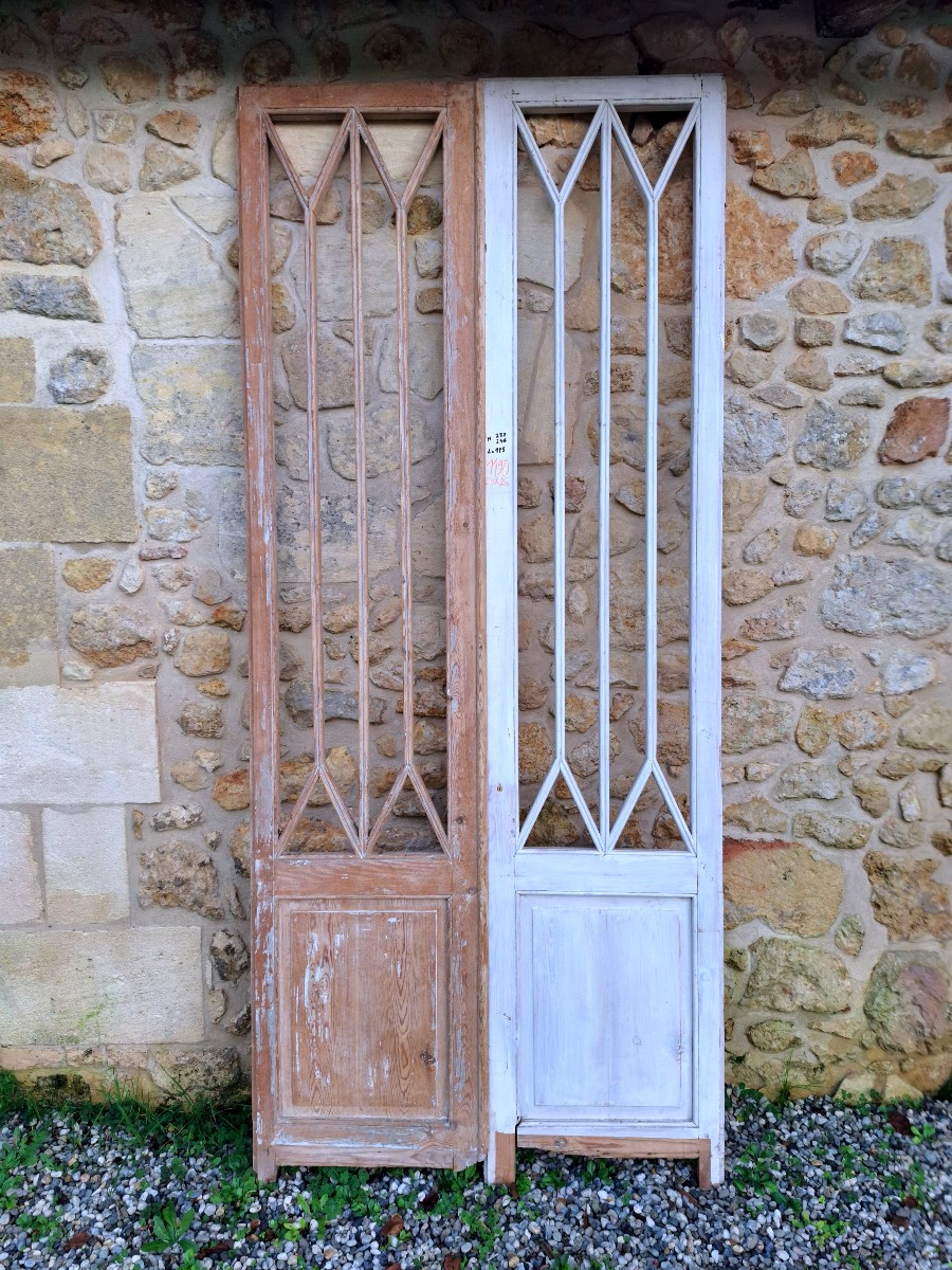 Paire De Portes Vitrées  Décapées en 246x115 Séparation De Pièces Jardin D'Hiver Boiserie Déco -photo-2