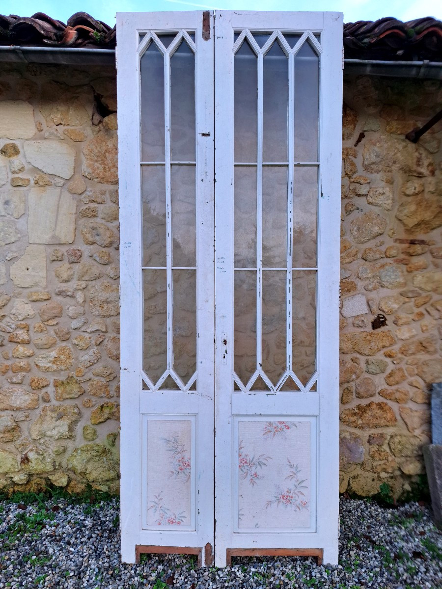 Paire De Portes Vitrées  Décapées en 246x115 Séparation De Pièces Jardin D'Hiver Boiserie Déco -photo-4