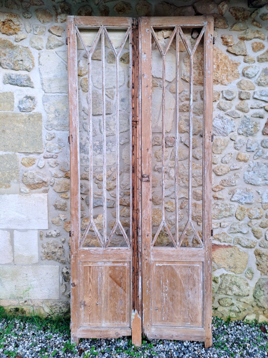 Paire De Portes Vitrées  Décapées en 246x115 Séparation De Pièces Jardin D'Hiver Boiserie Déco 