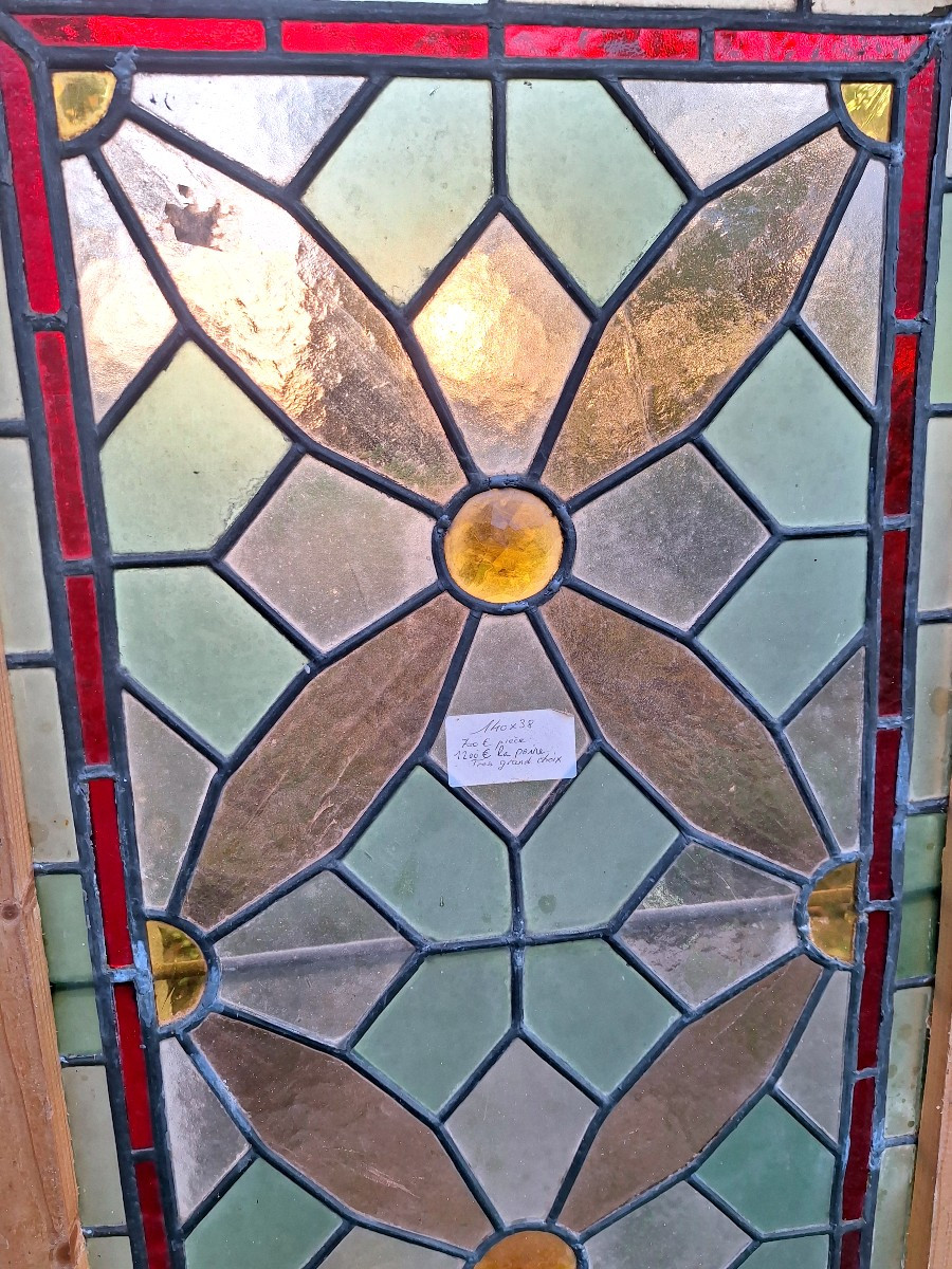 Pair Of Stained Glasses Windows With Colored Cabochons - Doors - Woodwork - Decor-photo-2