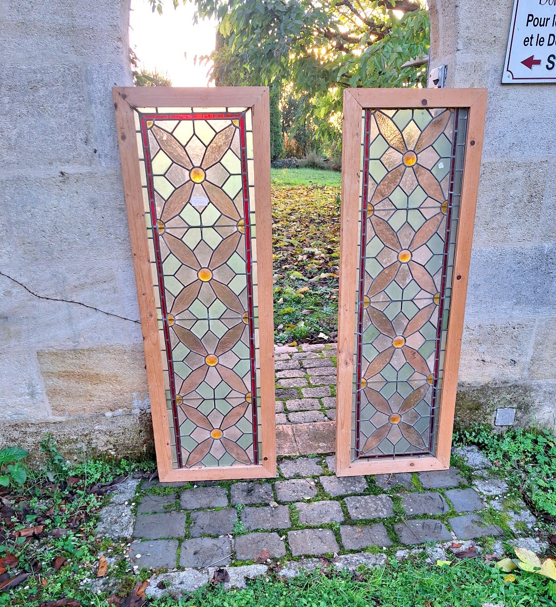 Pair Of Stained Glasses Windows With Colored Cabochons - Doors - Woodwork - Decor