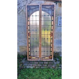 Pair Of Art Deco Stained Glass Windows For A Veranda, Winter Garden, Boutique Hotel, Room Divider, Or Wood Paneling
