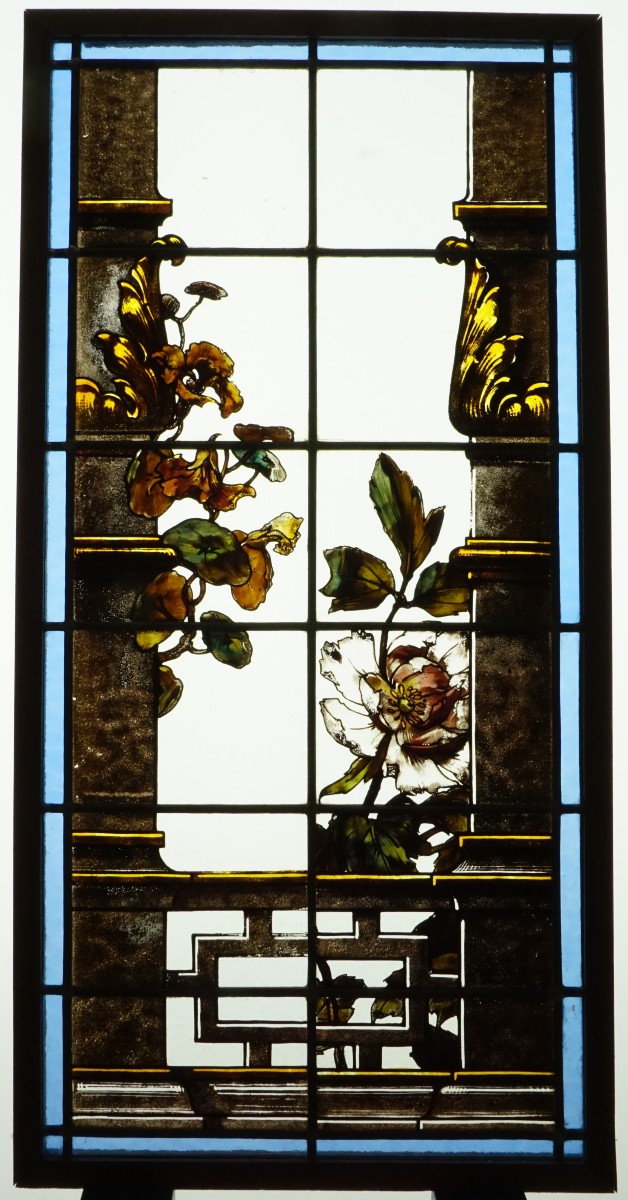 Stained Glass Window - Peony And Nasturtiums Between Two Pillars