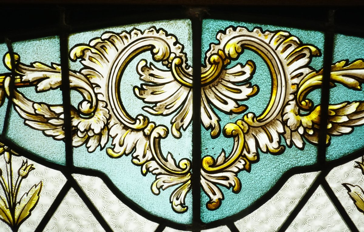 Stained Glass - Stained Glass Windows - Transom With Blue Enamel Decorations-photo-2