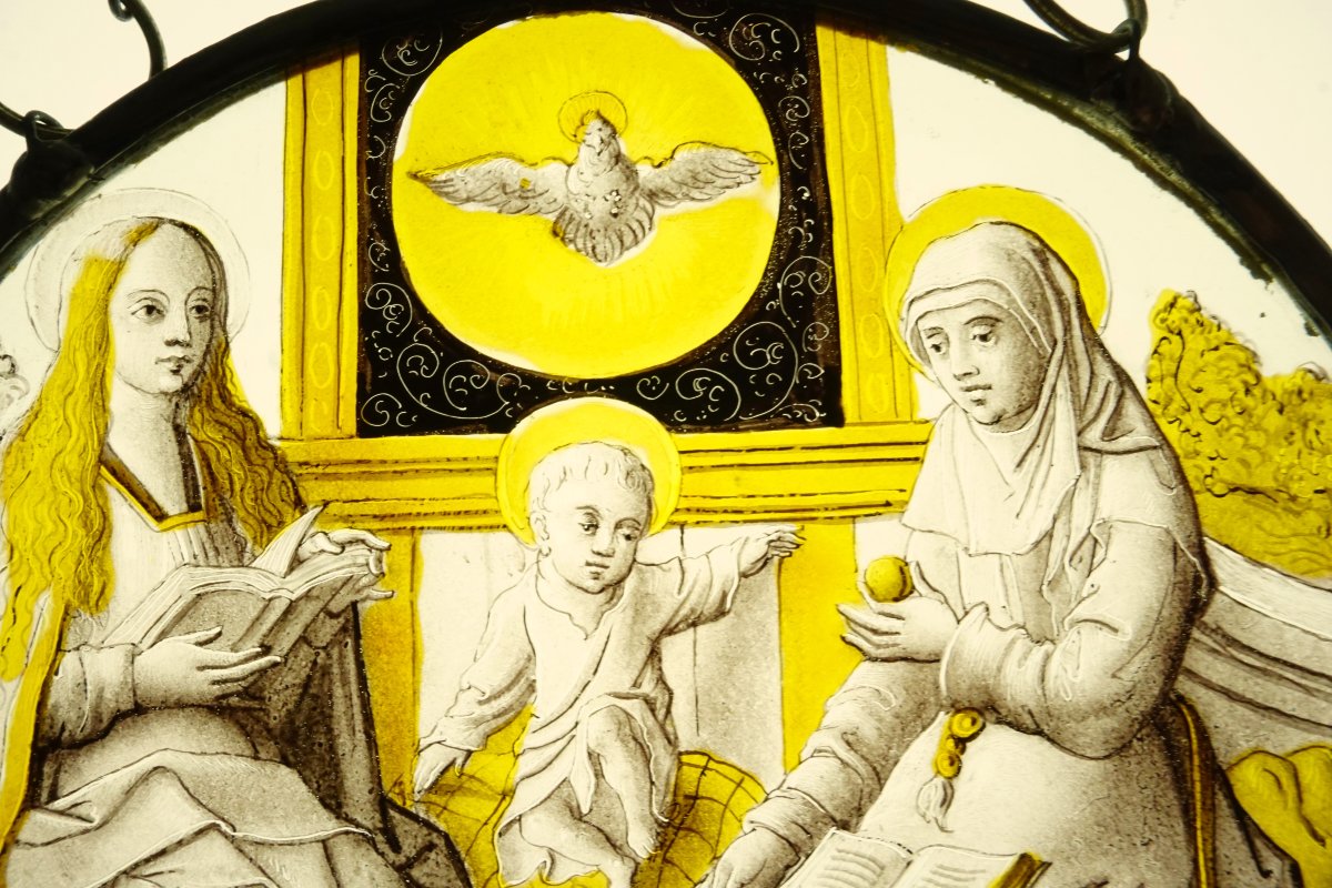 Vitrail - Rondel de Sainte Anne avec Marie et l'enfant Jésus, d'esprit 16ème-photo-2
